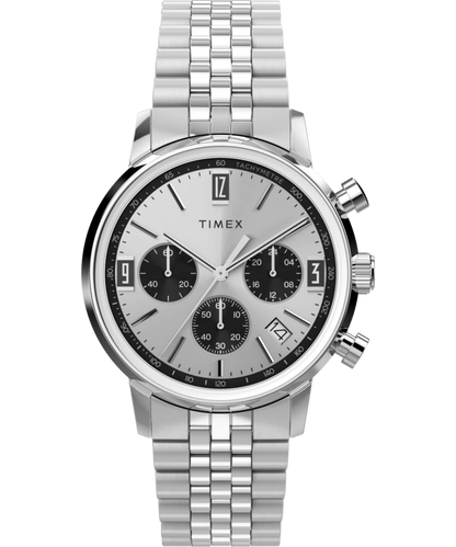 Timex : Marlin chronographe tachymètre argenté 40 mm TW2W10400, vue de face