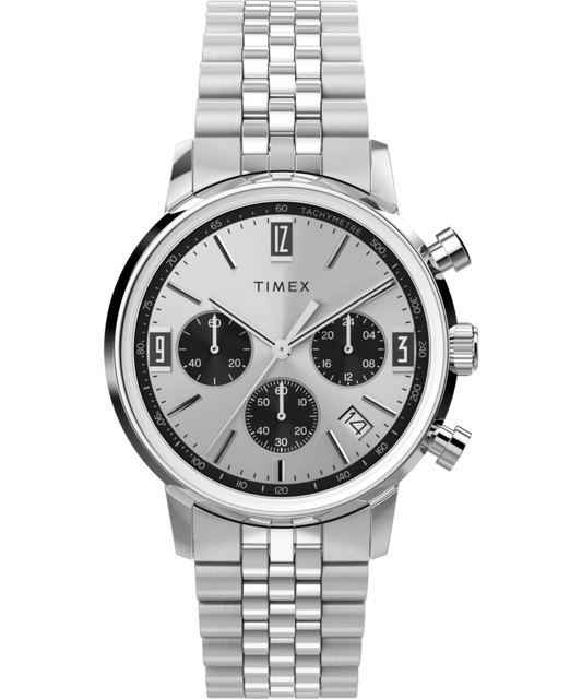 Timex : Marlin chronographe tachymètre argenté 40 mm TW2W10400, vue de face