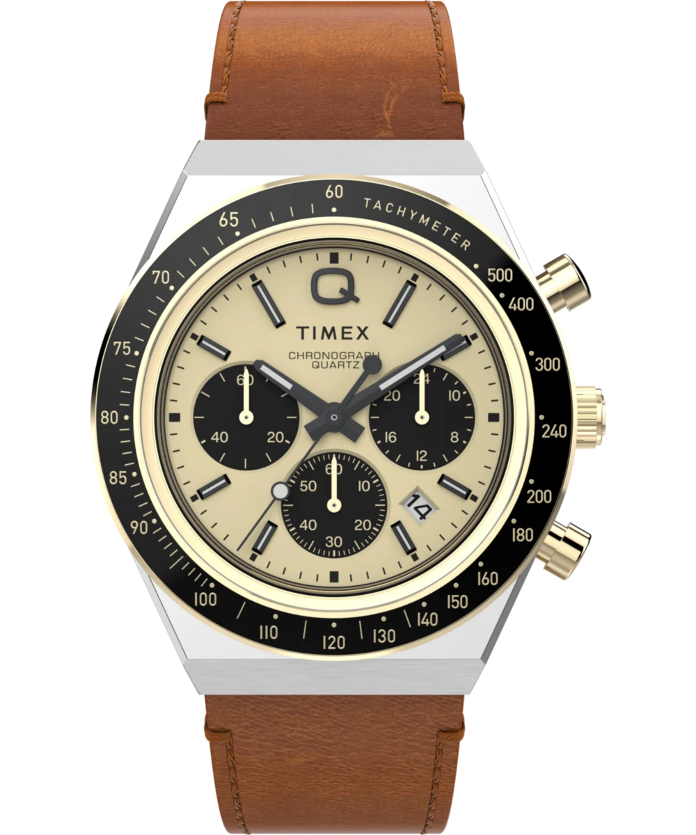 Timex : Q Timex chronographe doré 40 mm TW2W64400, vue de face