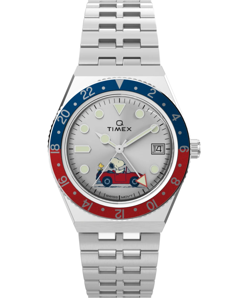 Timex : Peanuts x Q Timex GMT argenté 38 mm TW2W83300, vue de face
