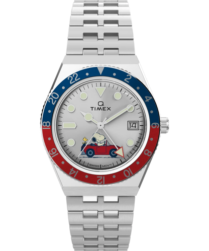 Timex : Peanuts x Q Timex GMT argenté 38 mm TW2W83300, vue de face
