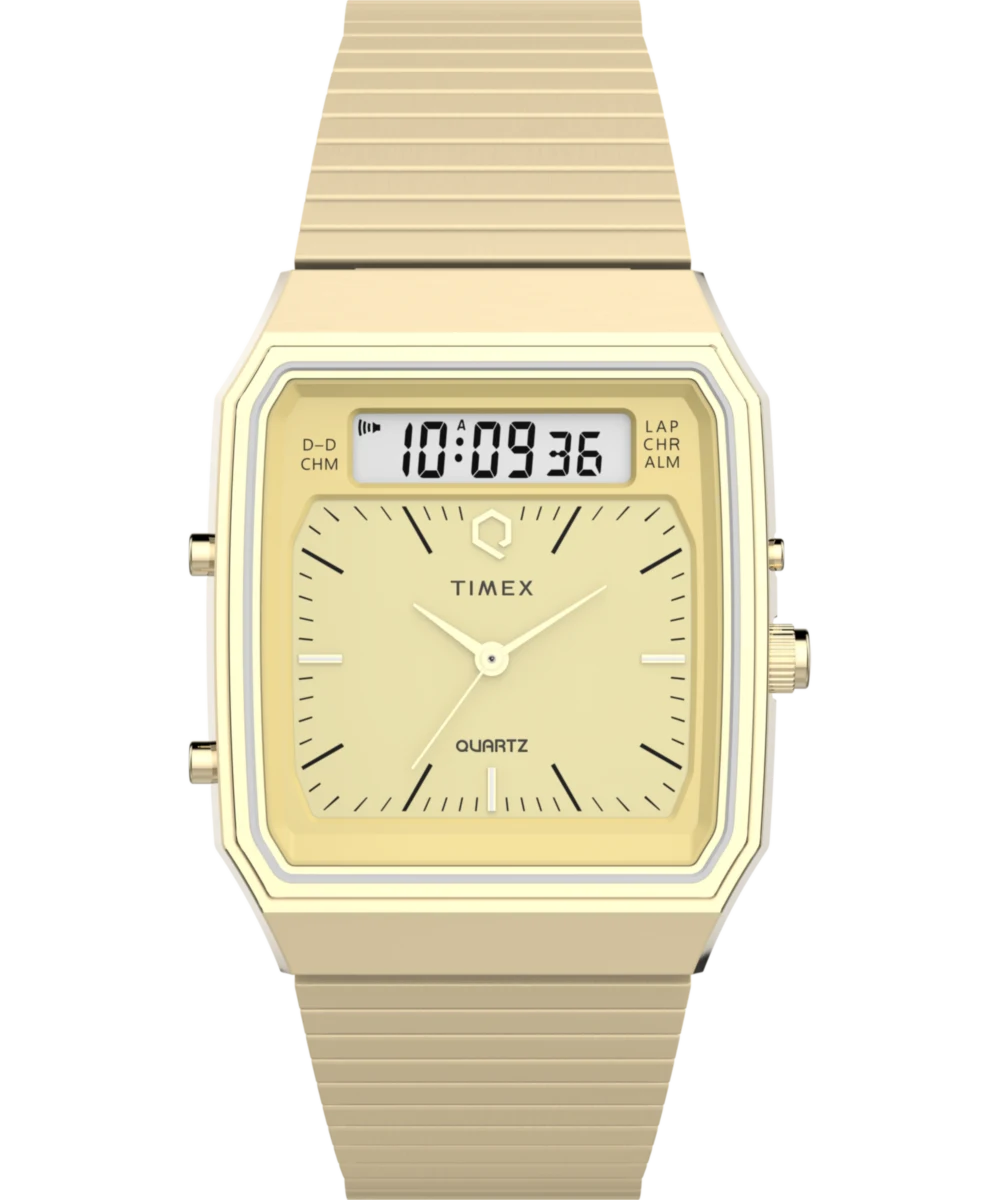 Timex : Q Timex 1982 Ana-Digi Reissue doré champagne 33 mm TW2Y06000, vue de face