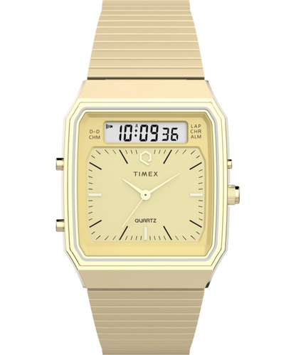 Timex : Q Timex 1982 Ana-Digi Reissue doré champagne 33 mm TW2Y06000, vue de face