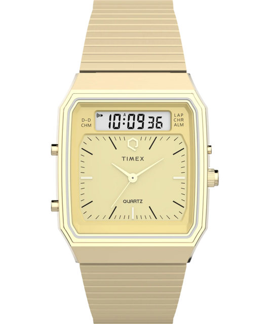 Timex : Q Timex 1982 Ana-Digi Reissue doré champagne 33 mm TW2Y06000, vue de face