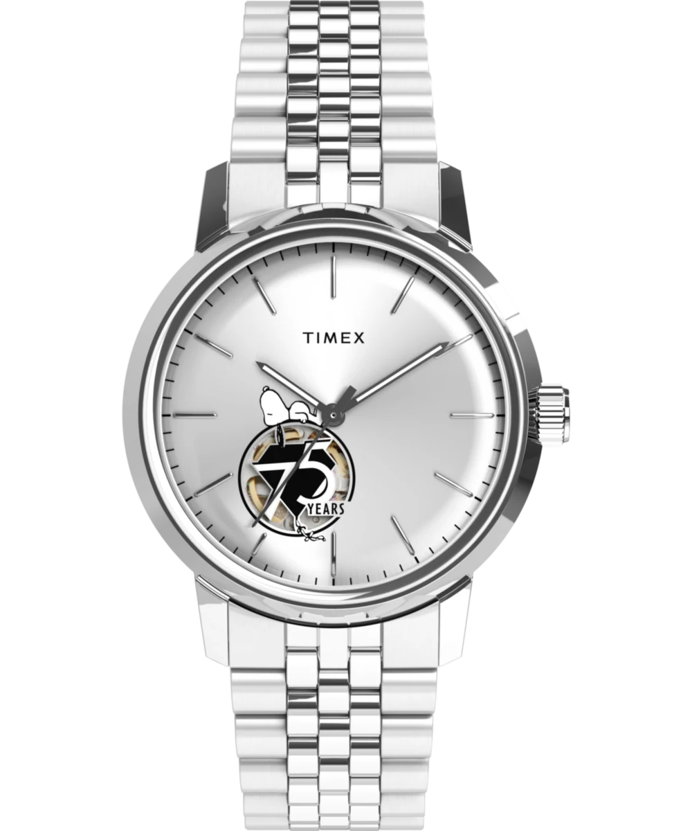 Timex : Peanuts x Timex Marlin automatique 75e anniversaire argenté 40 mm TW2Y45000, vue de face
