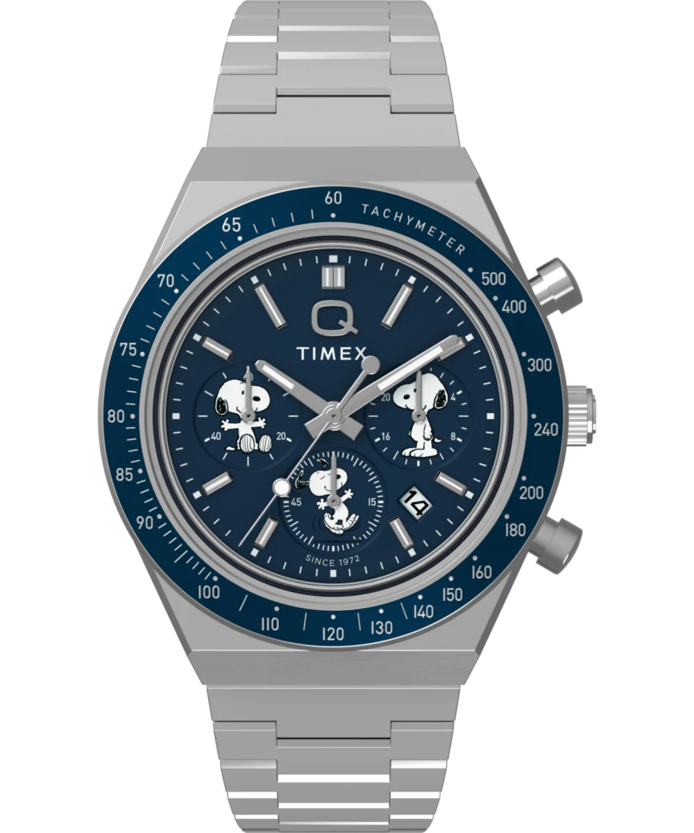 Timex : Peanuts x Q Timex chronographe bleu 40 mm TW2Y45300, vue de face