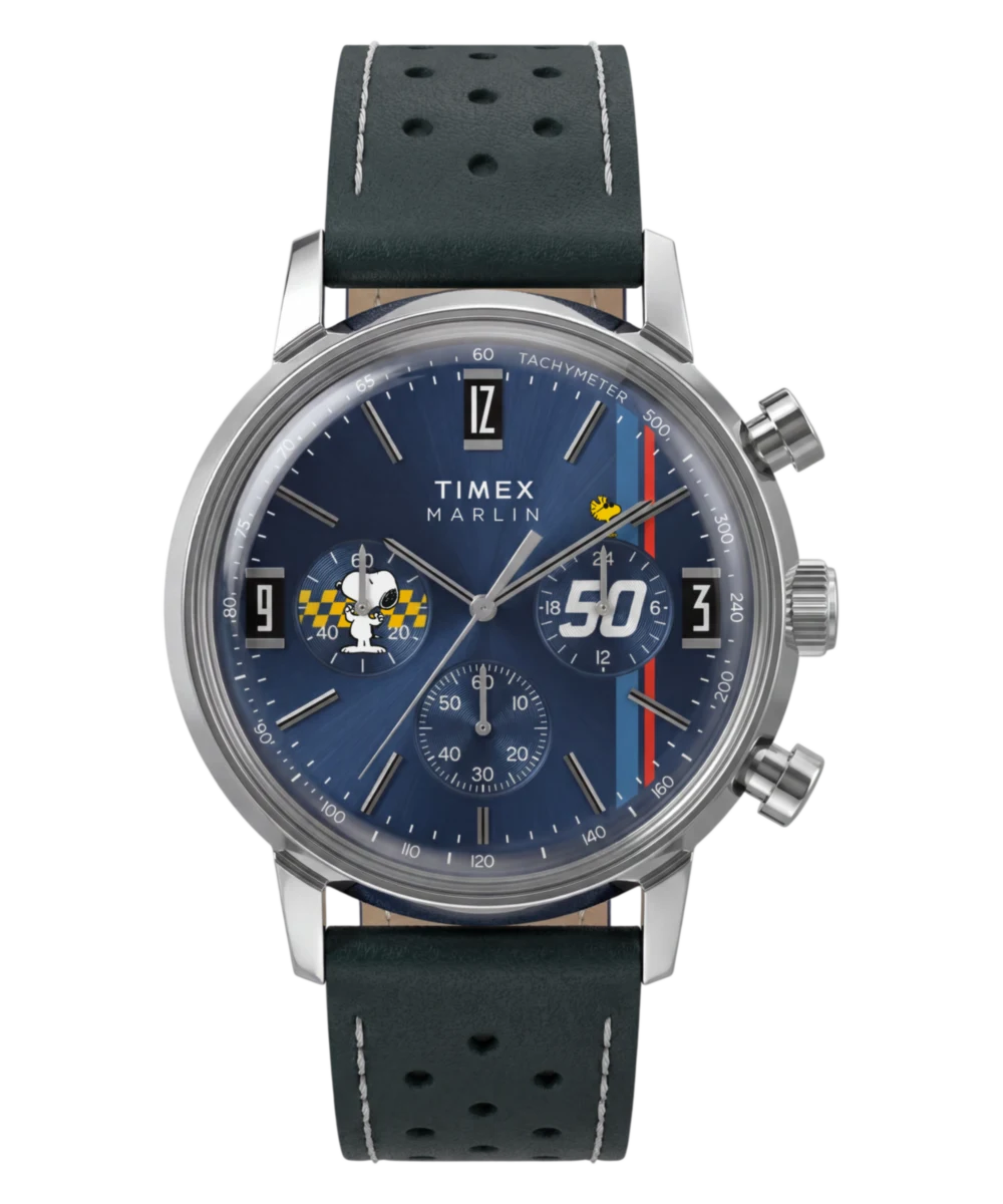 Timex : Peanuts x Timex Marlin chronographe bleu 40 mm TW2Y85300, vue de face