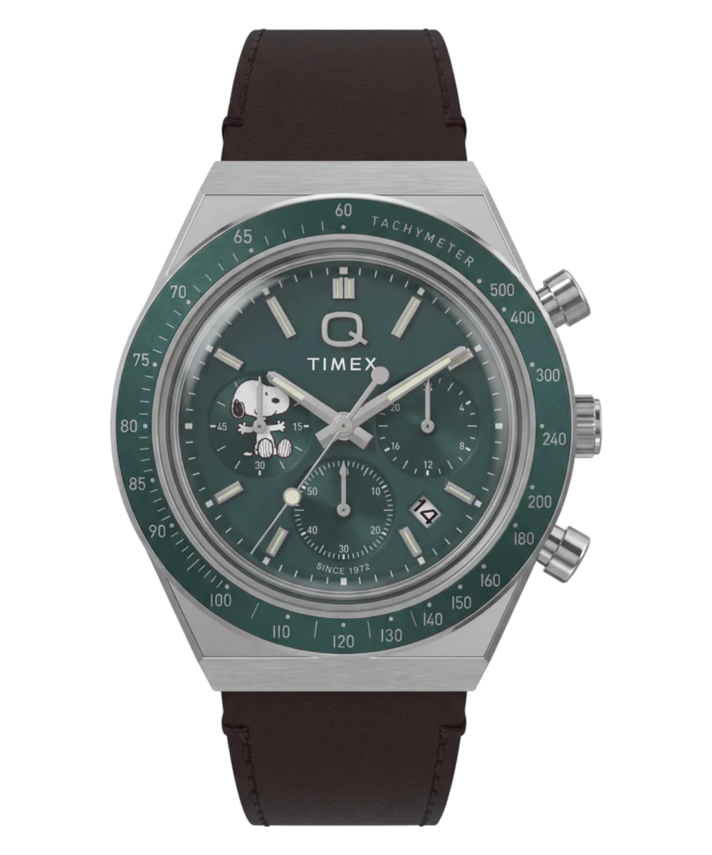 Timex : Peanuts x Q Timex chronographe vert 40 mm TW6A04400, vue de face