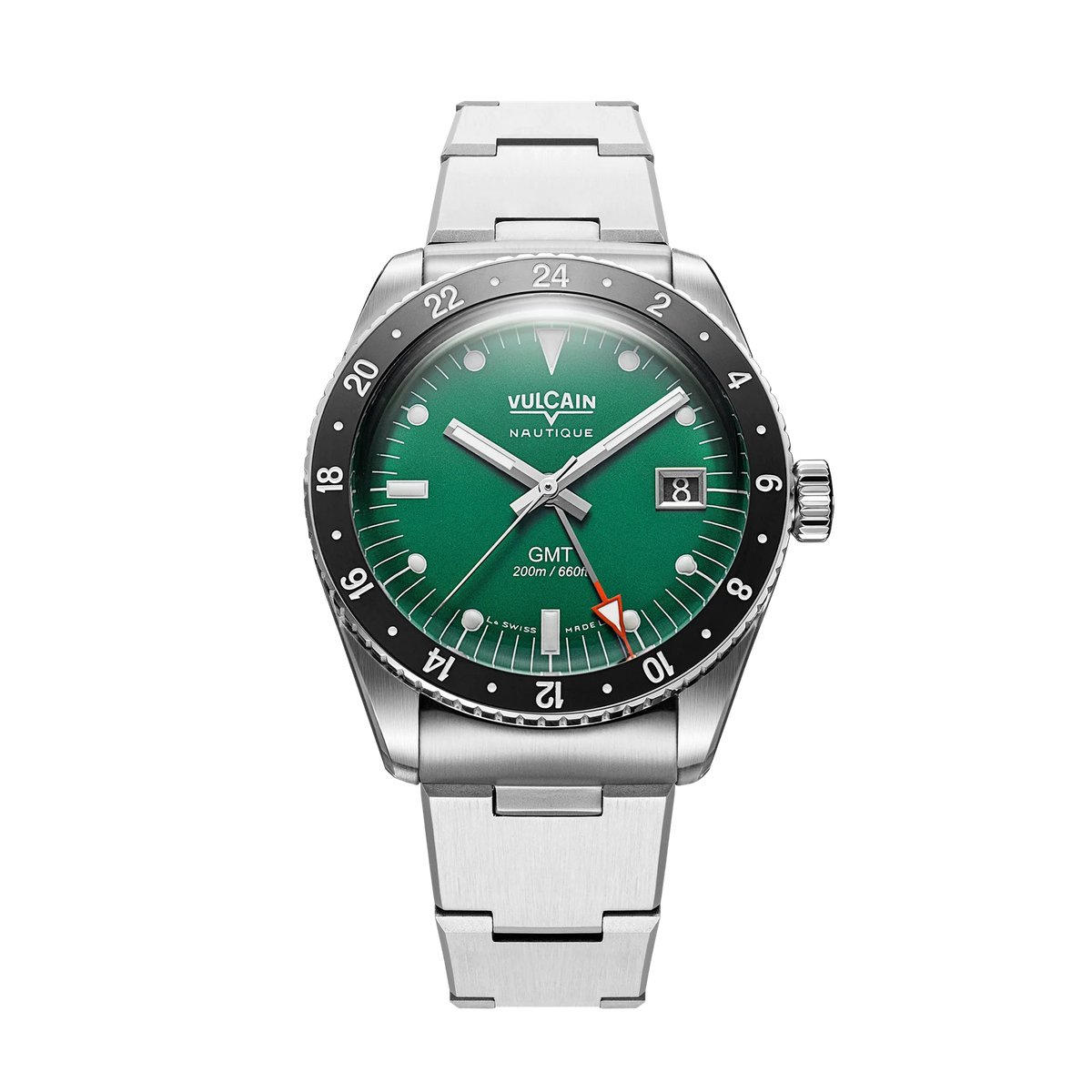 Vue de face sur acier vintage – Vulcain Skindiver Nautique GMT verte
