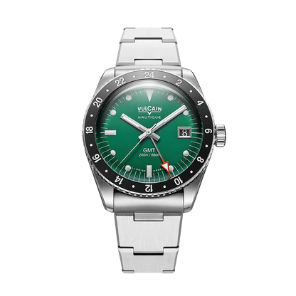 Vue de face sur acier vintage – Vulcain Skindiver Nautique GMT verte