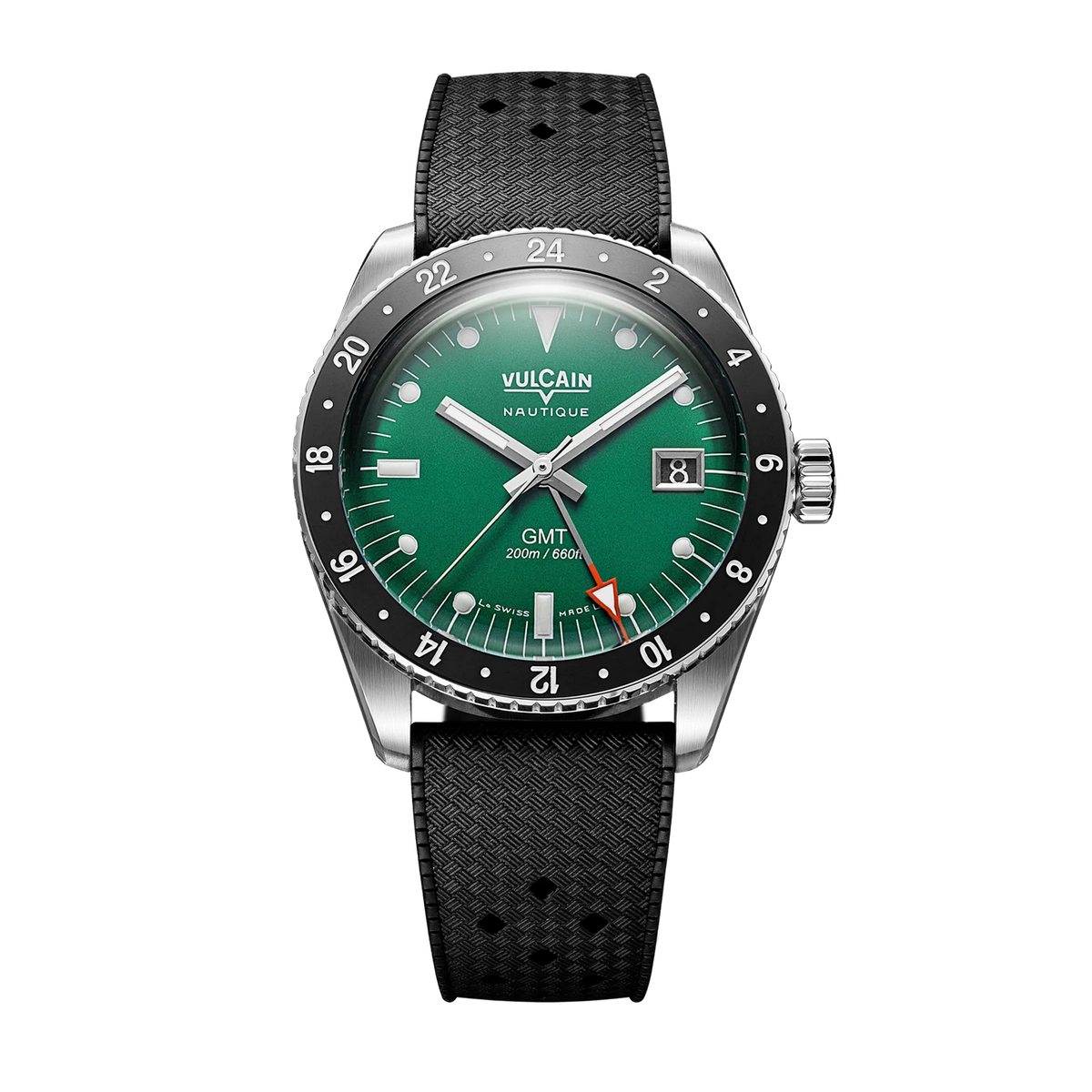 Vue de face sur tropic noir – Vulcain Skindiver Nautique GMT verte