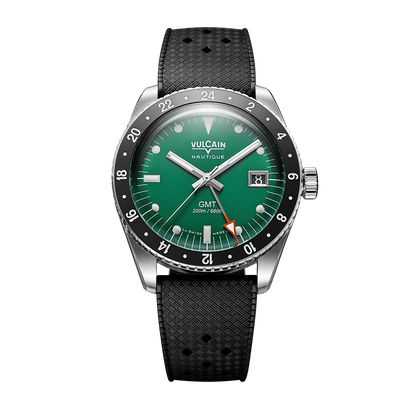 Vue de face sur tropic noir – Vulcain Skindiver Nautique GMT verte
