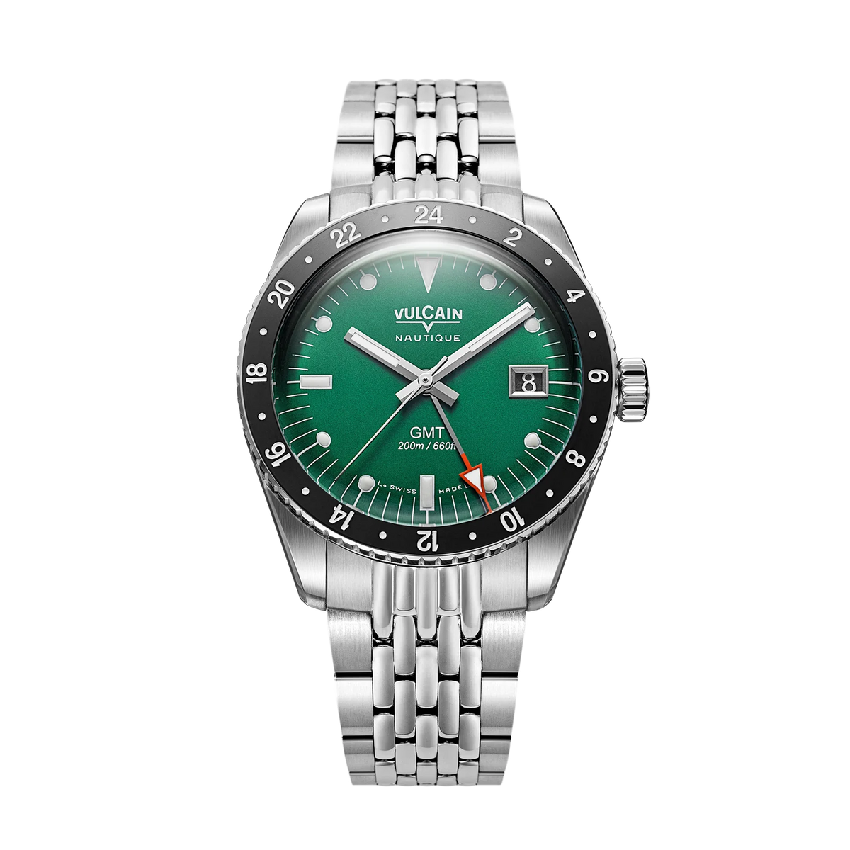 Vue de face sur acier grain de riz – Vulcain Skindiver Nautique GMT verte