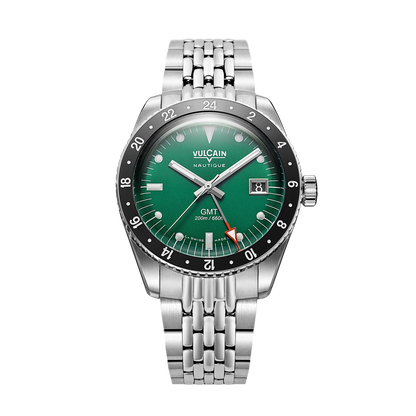 Vue de face sur acier grain de riz – Vulcain Skindiver Nautique GMT verte