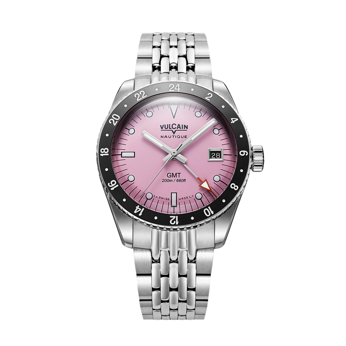 Vue de face sur acier grain de riz – Vulcain Skindiver Nautique GMT rose