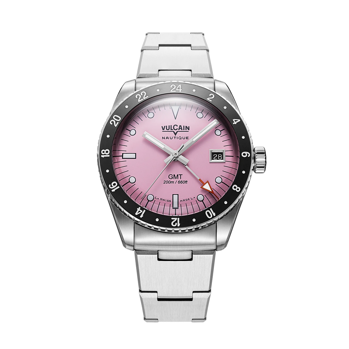 Vue de face sur acier vintage – Vulcain Skindiver Nautique GMT rose