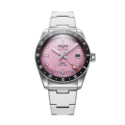 Vue de face sur acier vintage – Vulcain Skindiver Nautique GMT rose