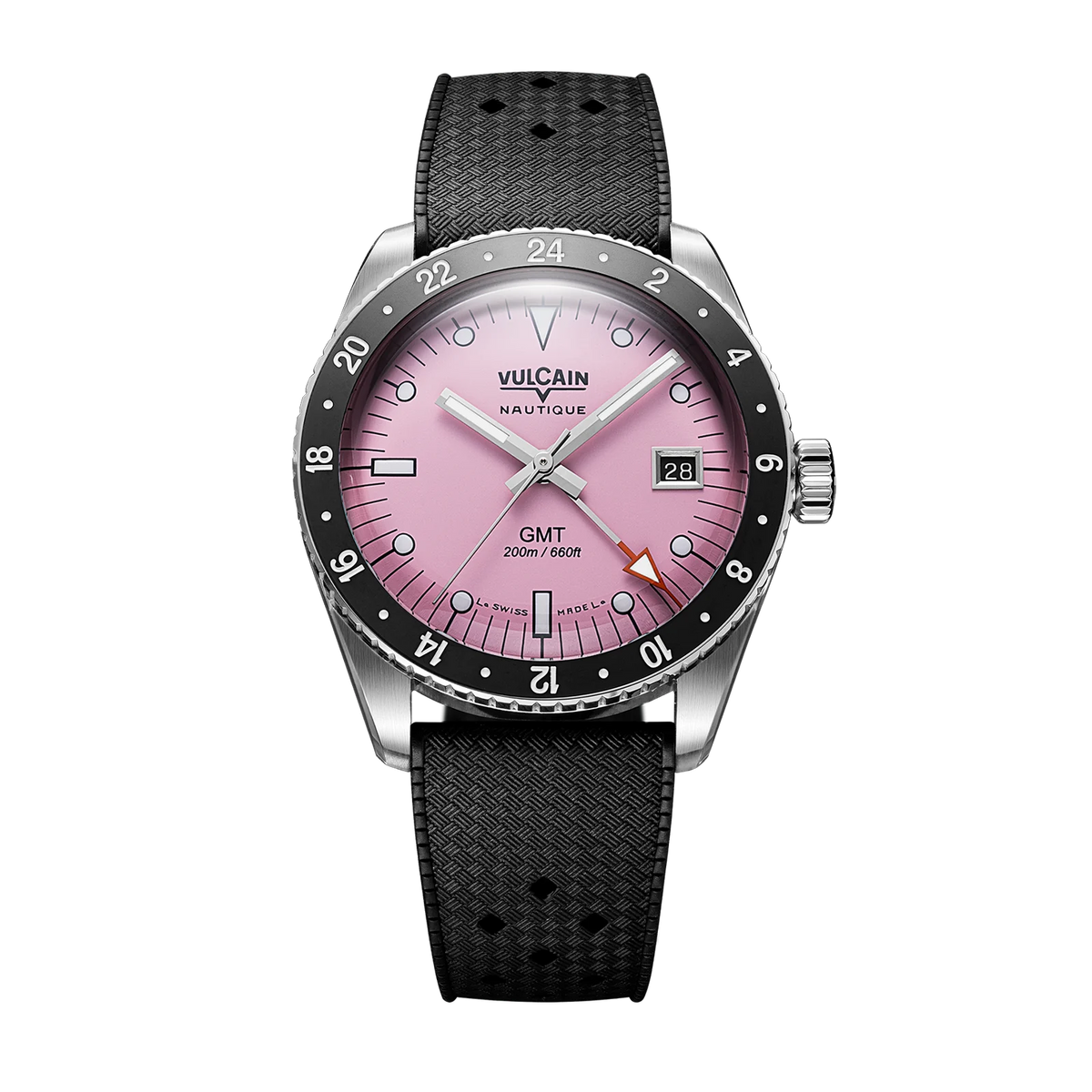 Vue de face sur tropic noir – Vulcain Skindiver Nautique GMT rose