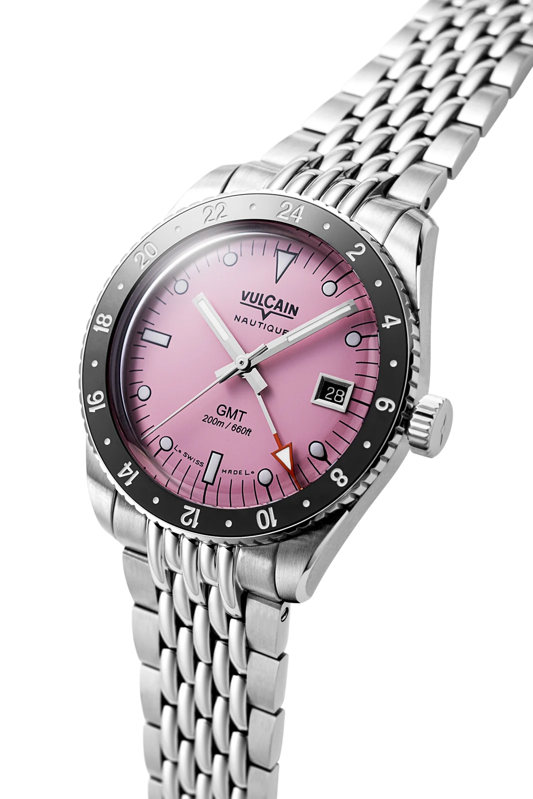 Vue de trois quarts – Vulcain Skindiver Nautique GMT rose