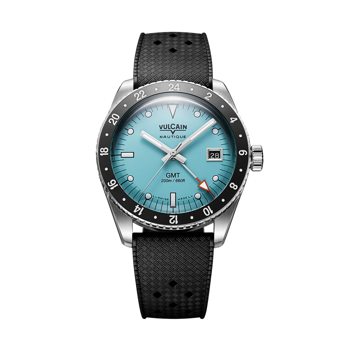 Vue de face sur tropic noir – Vulcain Skindiver Nautique GMT turquoise