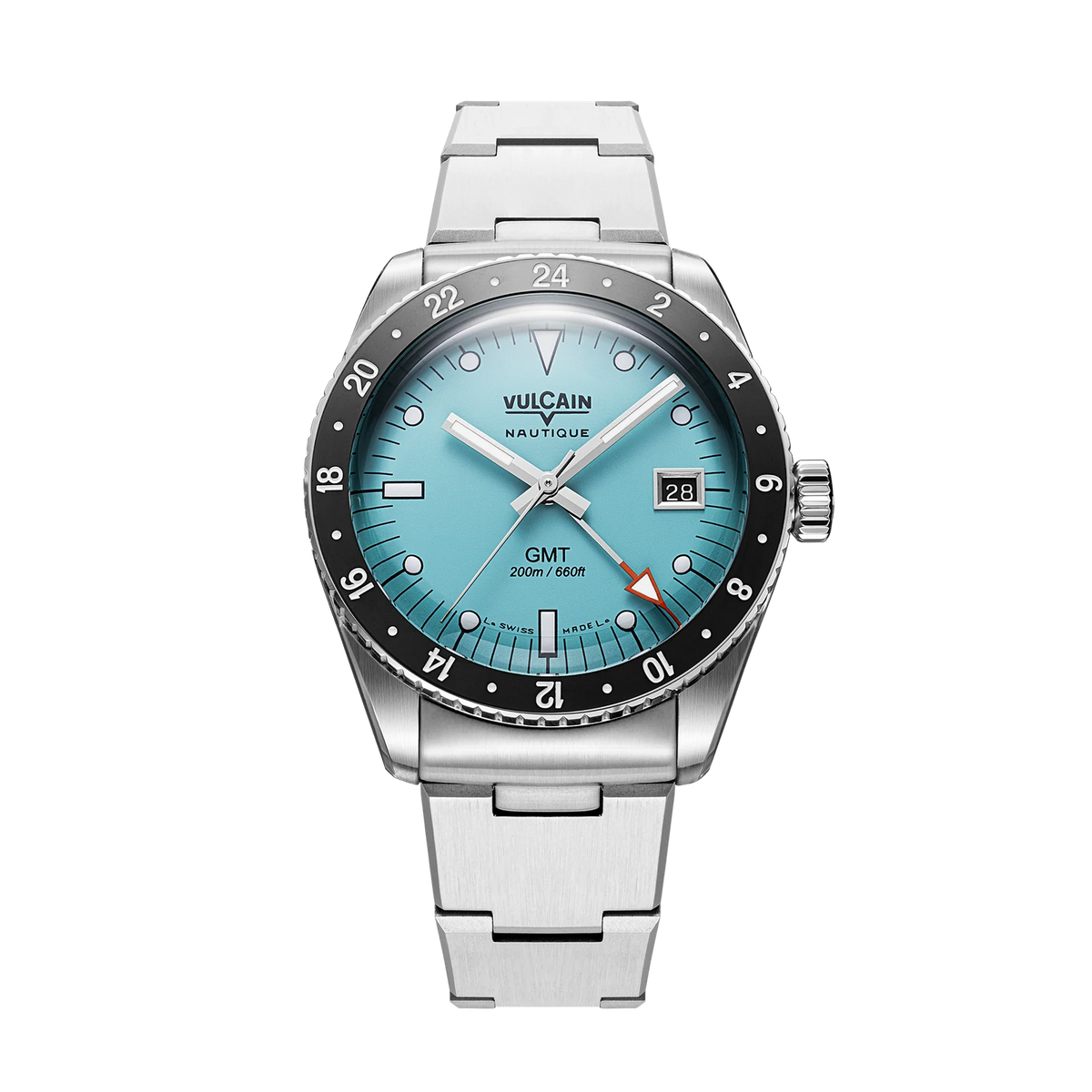 Vue de face sur acier vintage – Vulcain Skindiver Nautique GMT turquoise