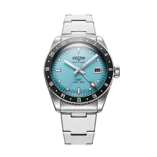 Vue de face sur acier vintage – Vulcain Skindiver Nautique GMT turquoise