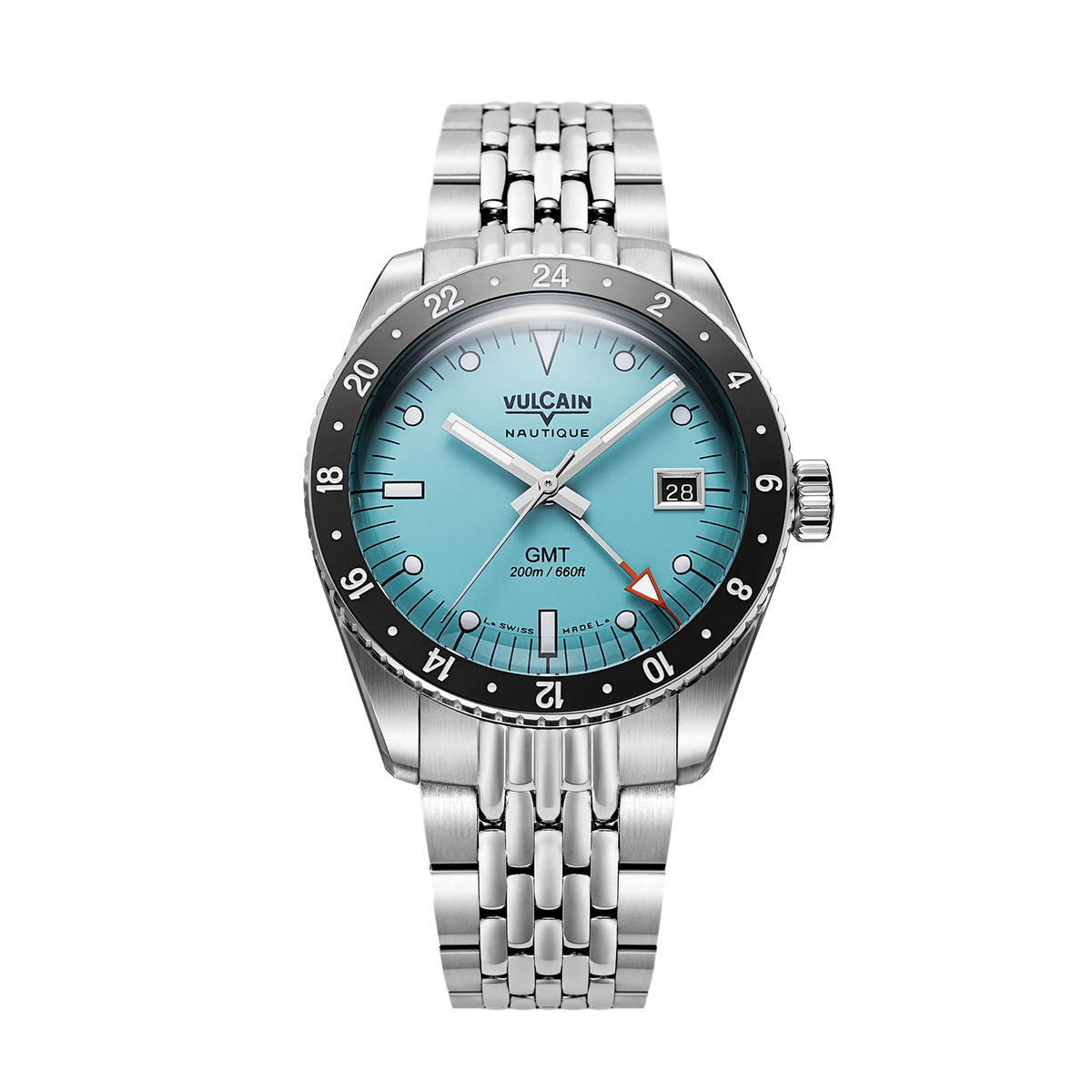 Vue de face sur acier grain de riz – Vulcain Skindiver Nautique GMT turquoise
