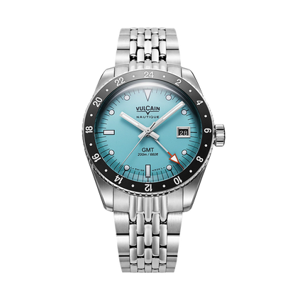 Vue de face sur acier grain de riz – Vulcain Skindiver Nautique GMT turquoise