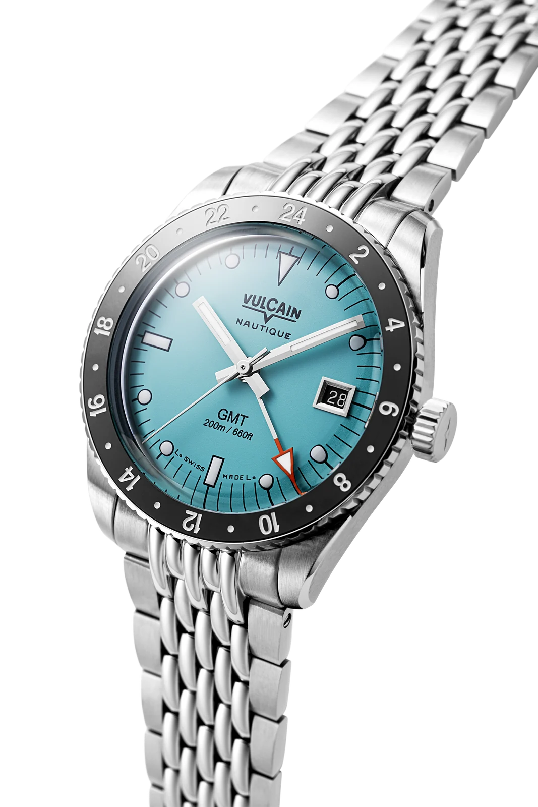 Vue de trois quarts – Vulcain Skindiver Nautique GMT turquoise