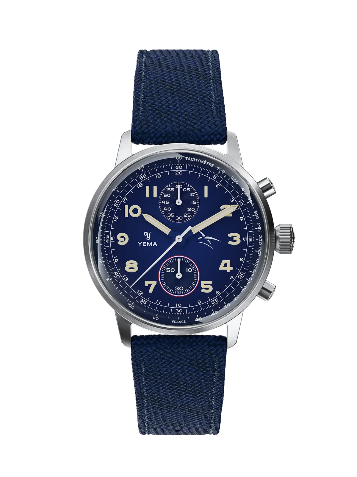 Yema Flygraf bi-compax AAE bleue : vue de face sur bracelet canvas bleu