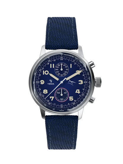 Yema Flygraf bi-compax AAE bleue : vue de face sur bracelet canvas bleu