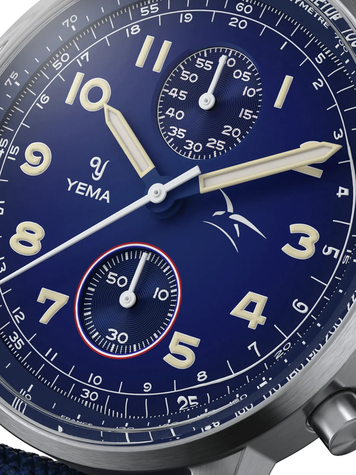 Yema Flygraf bi-compax AAE bleue : détail du cadran bleu et de ses deux compteurs