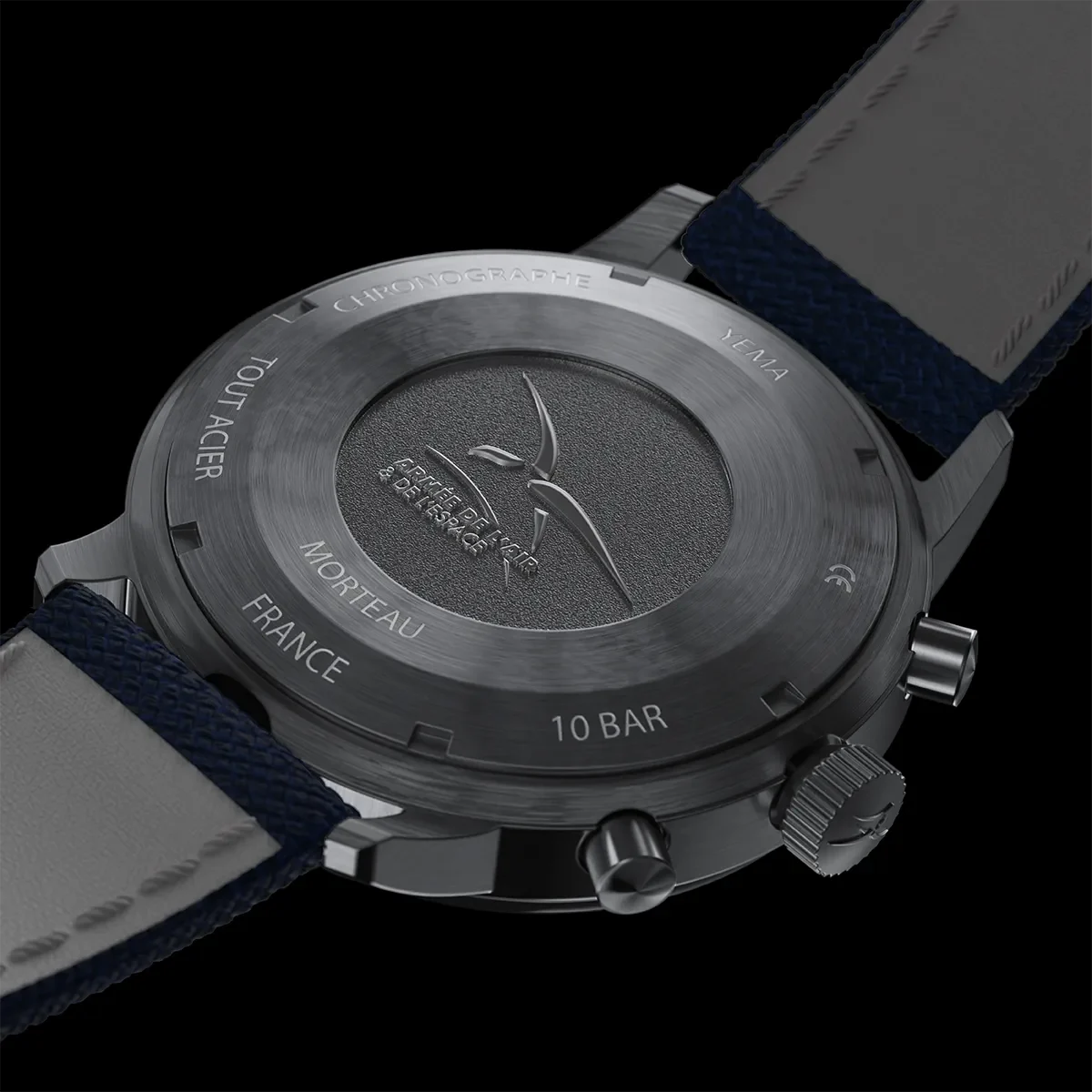 Yema Flygraf bi-compax AAE bleue : fond gravé avec emblème aae