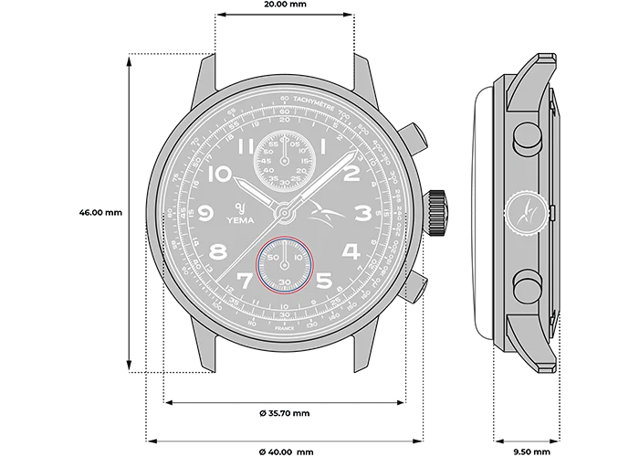 Yema Flygraf bi-compax AAE bleue : dessin technique du boîtier de 40 mm