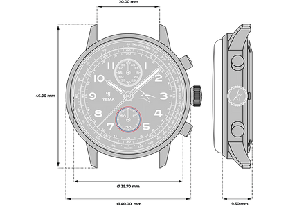 Yema Flygraf bi-compax AAE bleue : dessin technique du boîtier de 40 mm