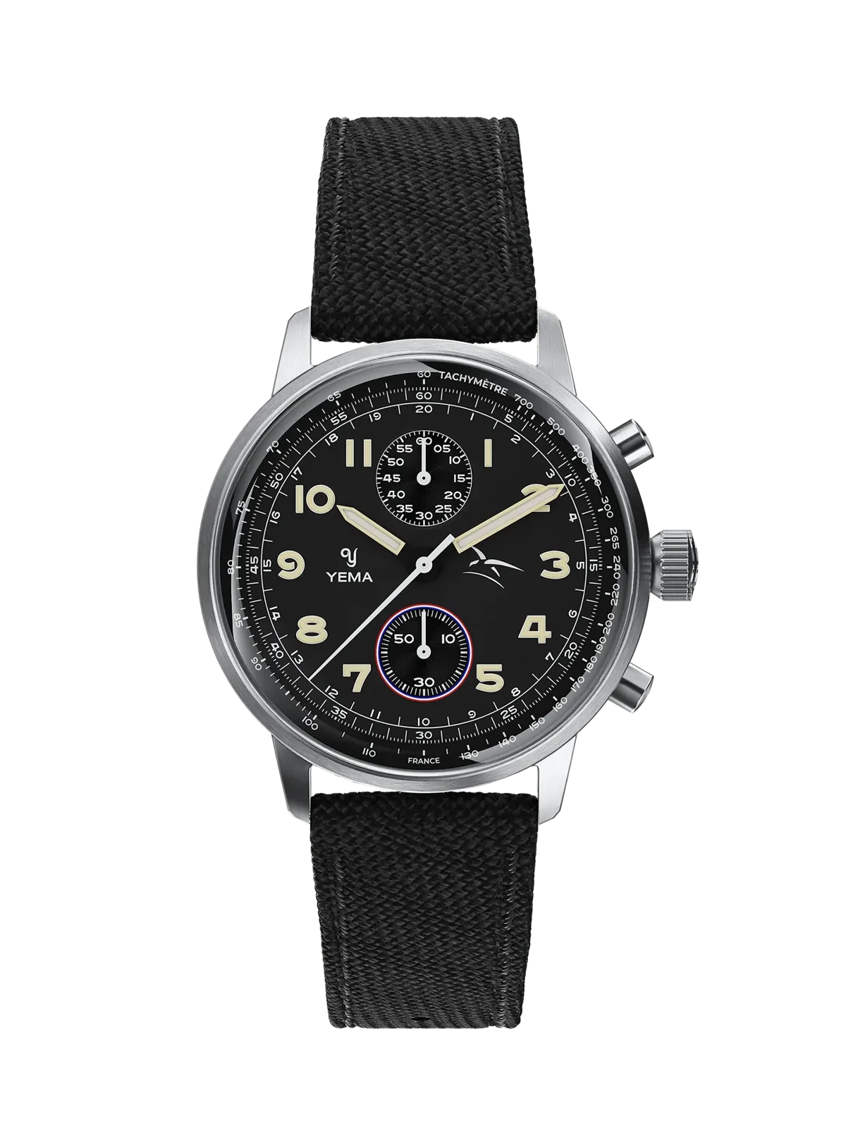 Vue de face de la Yema Flygraf bi-compax AAE noire sur bracelet canvas