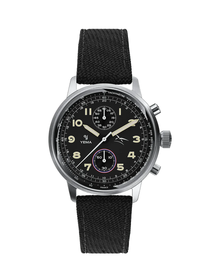 Vue de face de la Yema Flygraf bi-compax AAE noire sur bracelet canvas