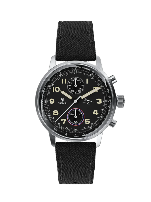 Vue de face de la Yema Flygraf bi-compax AAE noire sur bracelet canvas