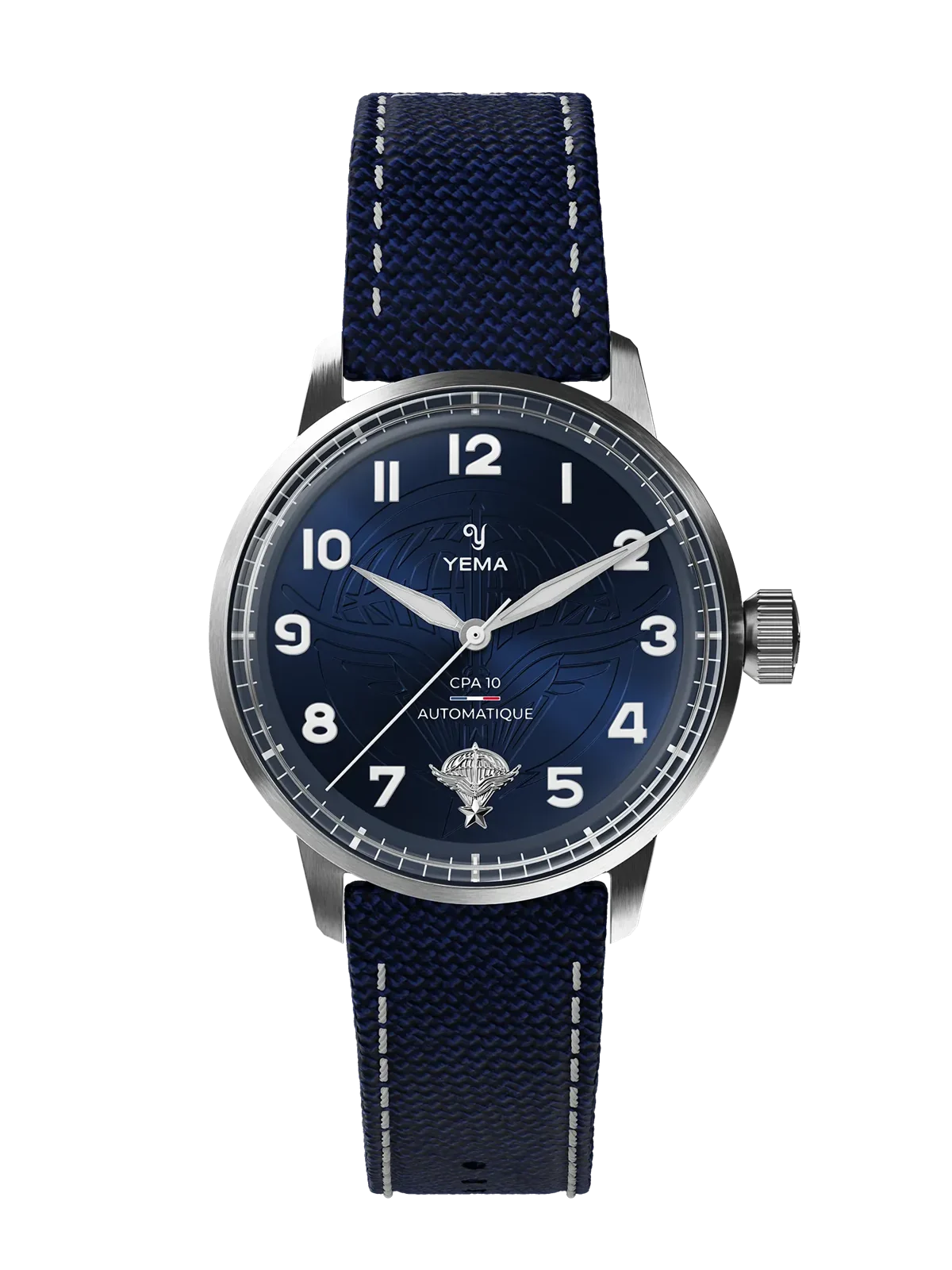 Yema Flygraf CPA10 : vue de face sur bracelet canvas bleu