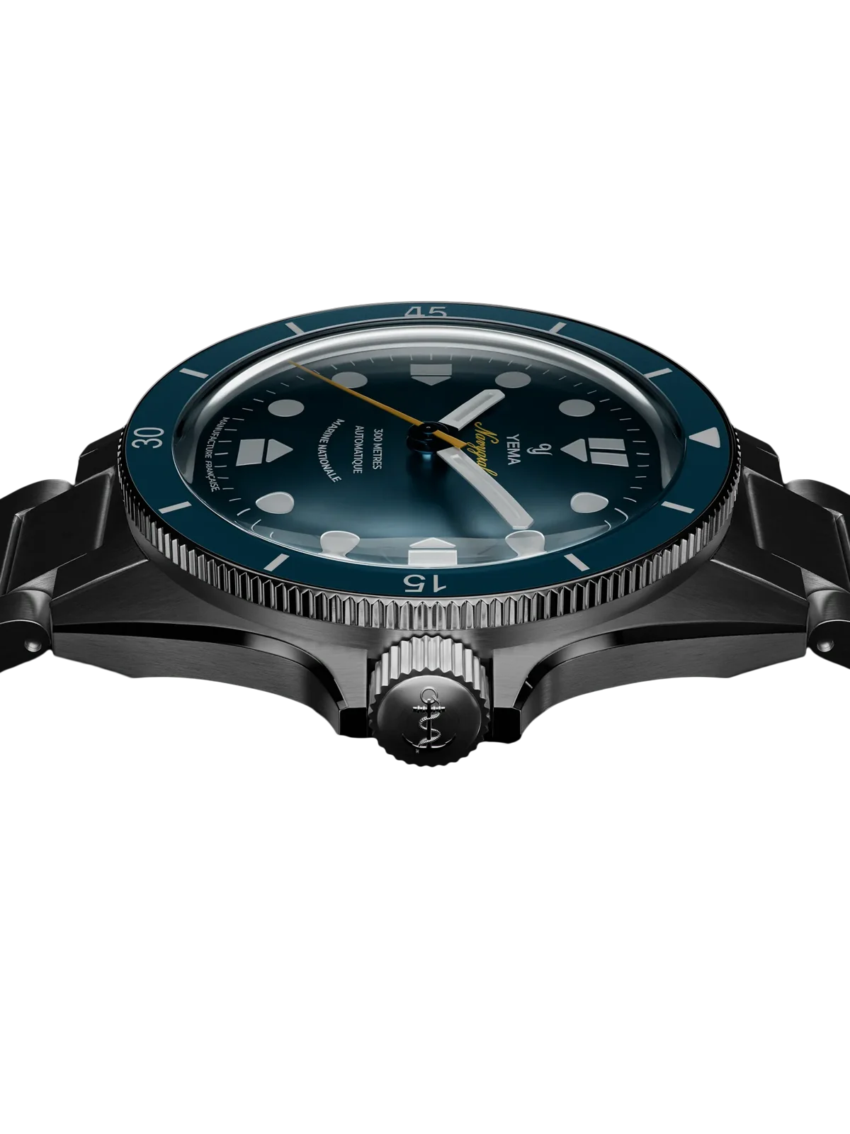 Yema Navygraf Marine nationale CMM.10, lunette bleue — vue de profil du boîtier et de la couronne