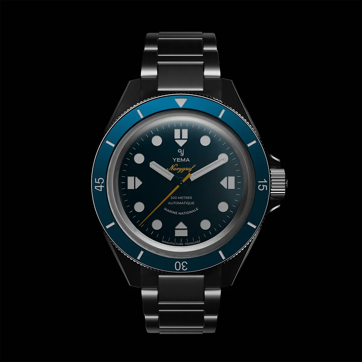 Yema Navygraf Marine nationale CMM.10, lunette bleue — cadran bleu en éclairage atténué