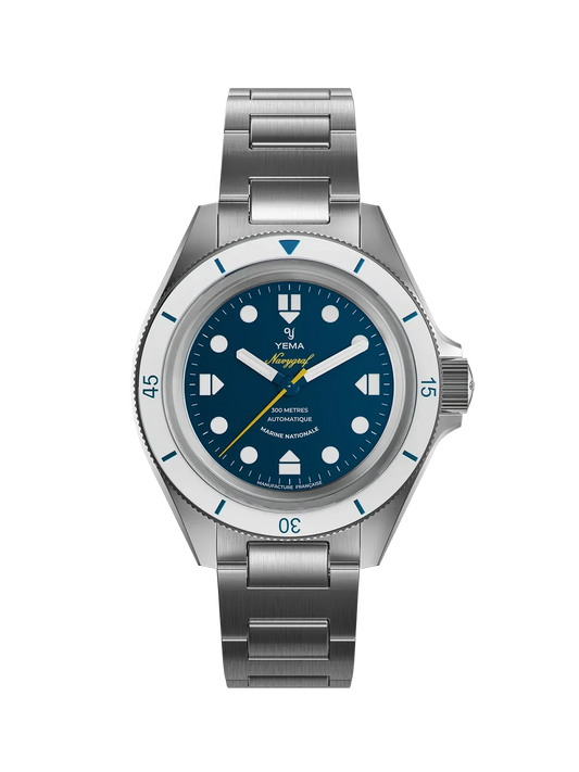 Yema Navygraf Marine nationale CMM.10, lunette blanche — vue de face sur bracelet acier
